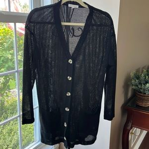 Women’s Black Open-Knit Button Cardigan Sweater